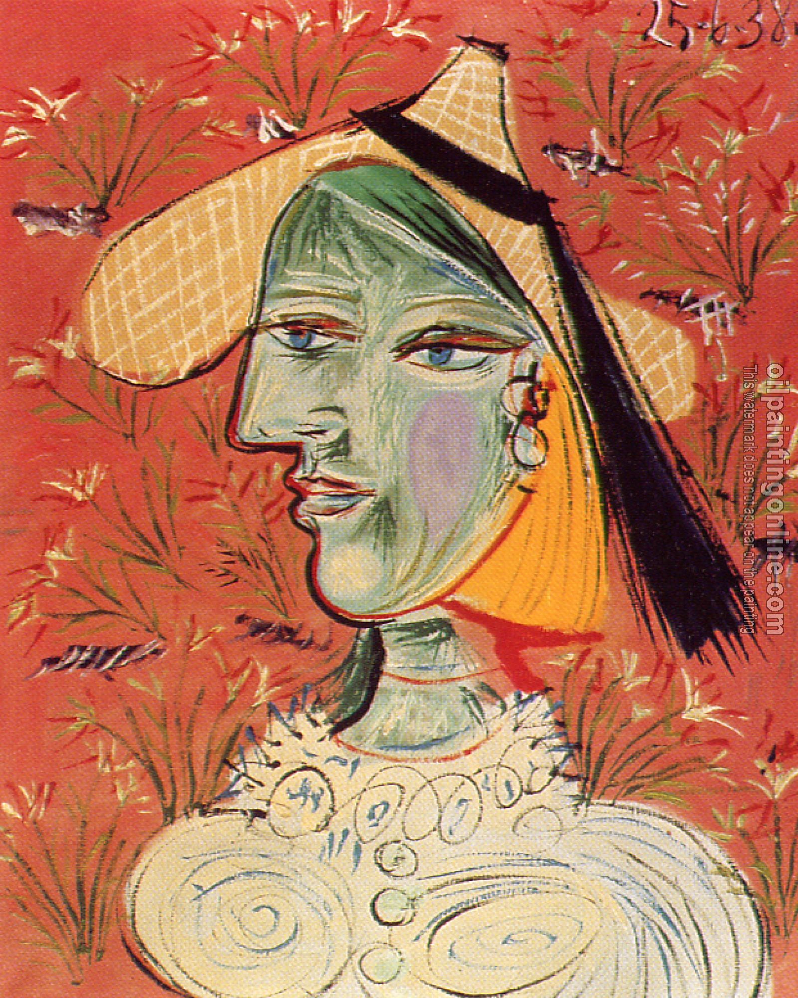 Picasso, Pablo - woman in a straw hat against a flowered background